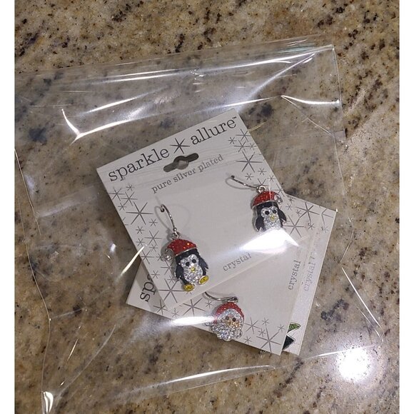 3 Pair Sparkle Allure Silver Plate Crystal Christmas Earrings Penguin Tree Santa - Picture 8 of 8